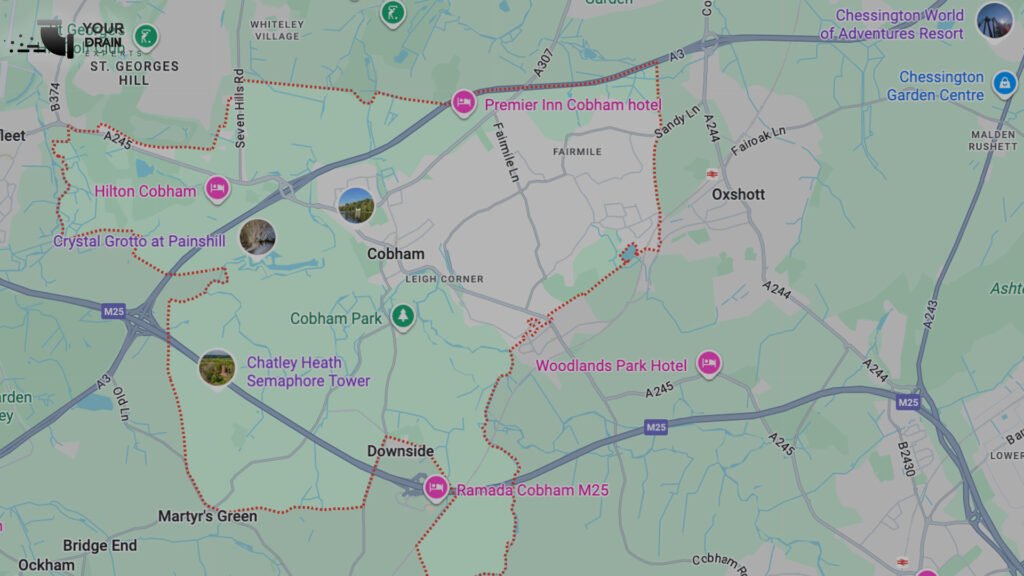 Areas we cover - We provide CCTV drain surveys across Cobham and the surrounding areas in Surrey