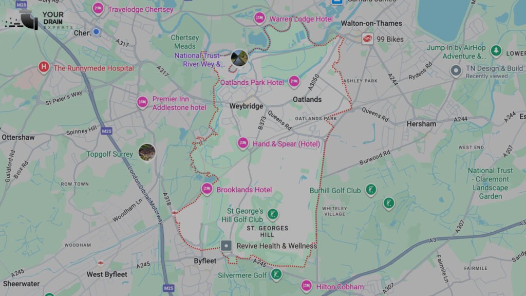 Areas we cover - We provide CCTV drain surveys across Weybridge and the surrounding areas in Surrey